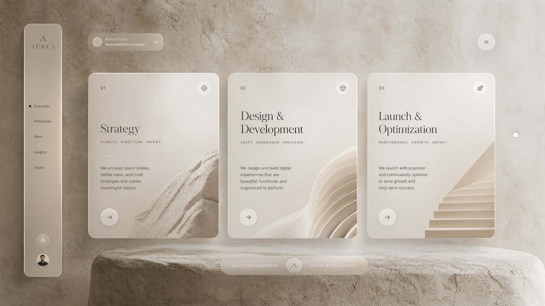 Aurea process interface — glassmorphic strategy, design and launch modules on textured plaster